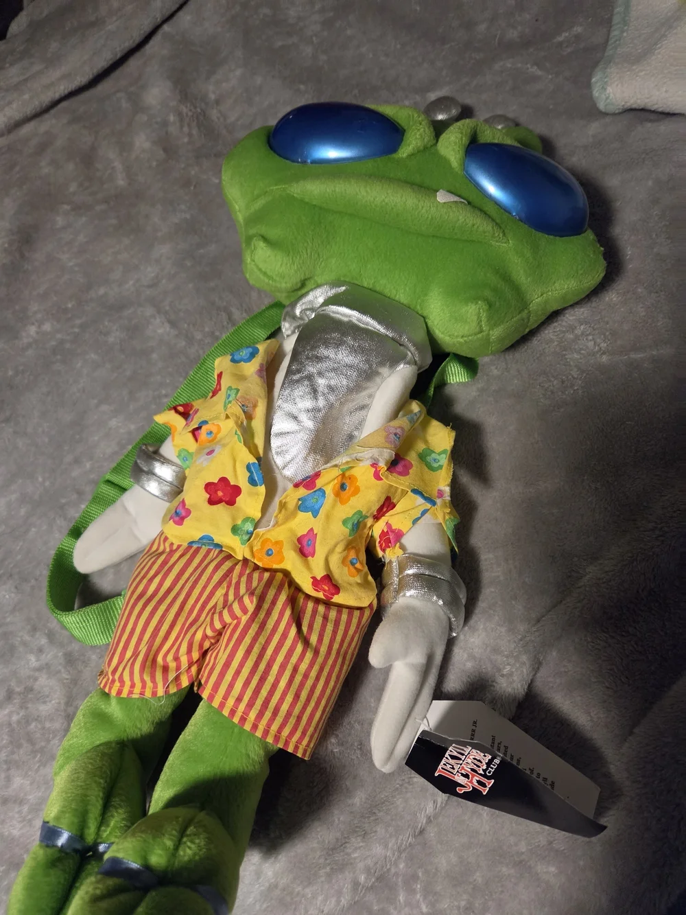 Vintage Bright Green Alien Plush Toy with Blue Eyes - Colorful Outfit